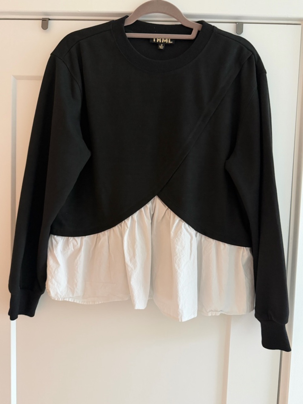THML Layered Black Sweatshirt with White Peplum Hem